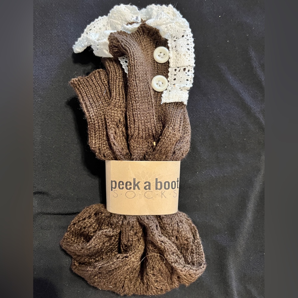 Footless Boot Socks in Brown with Lace and Button Boot Topper
